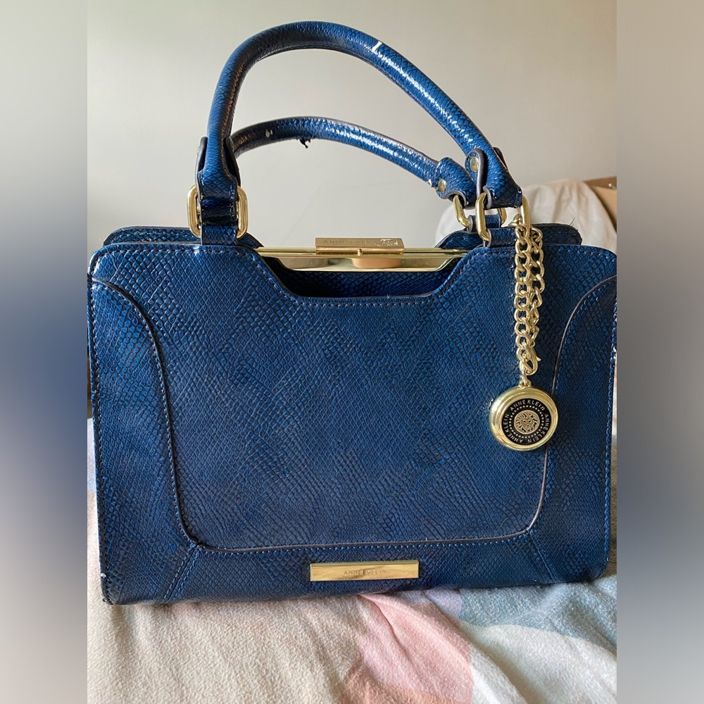 Anne Klein blue faux snake skin purse